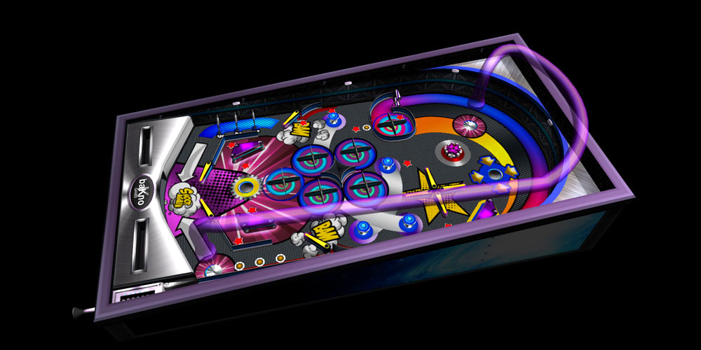 Purple pinball table design featuring cyclone spinners