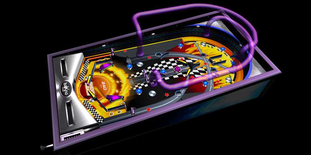 Purple pinball table design featuring a racing car theme