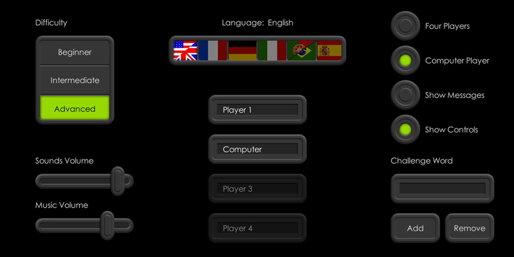 Skript's game settings featuring english, french, german, italian, portuguese and spanish language options