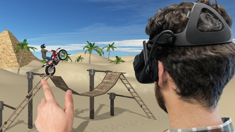 When you put on your VR headset your brain gets hacked. Automatically, you feel fully immersed in a Motorbike landscape, surrounded by mountains and the blue sky with cotton clouds, you can hear the wind blowing, birds and waterfalls around. In front of you is the whole track, all obstacles and the rider on the bike, ready to run.