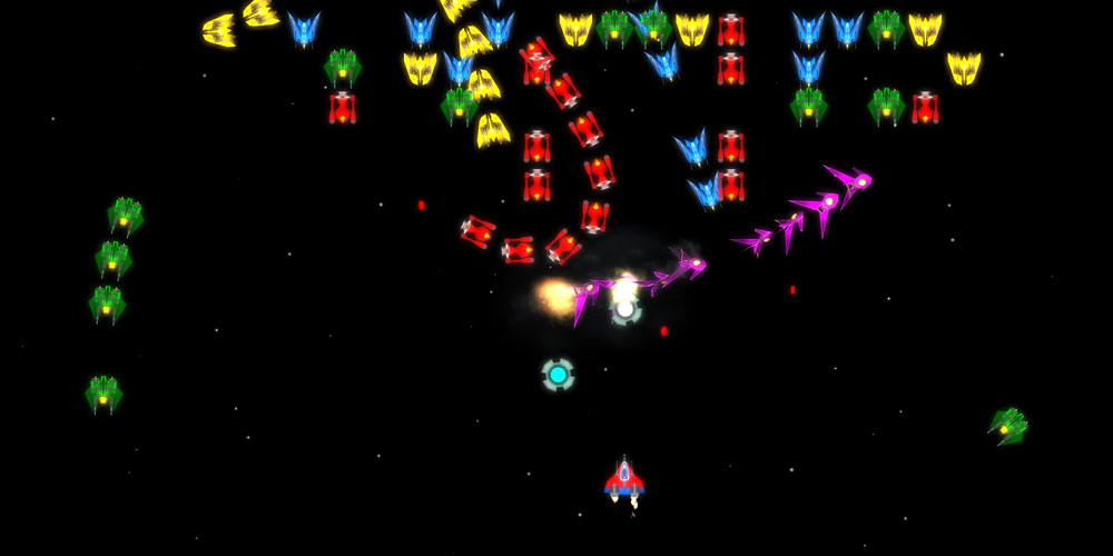 Spaceships aligned in formation while droping power-ups