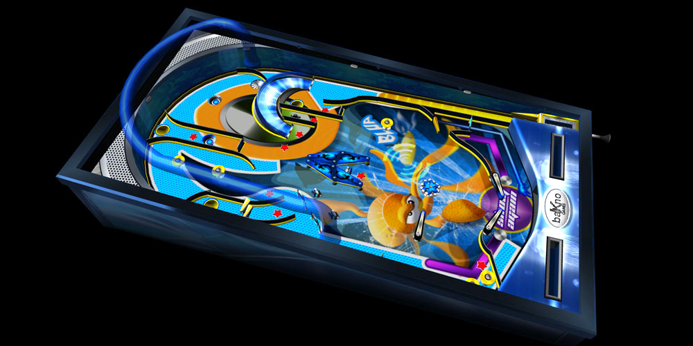 Blue pinball table design with a ocean bottom theme