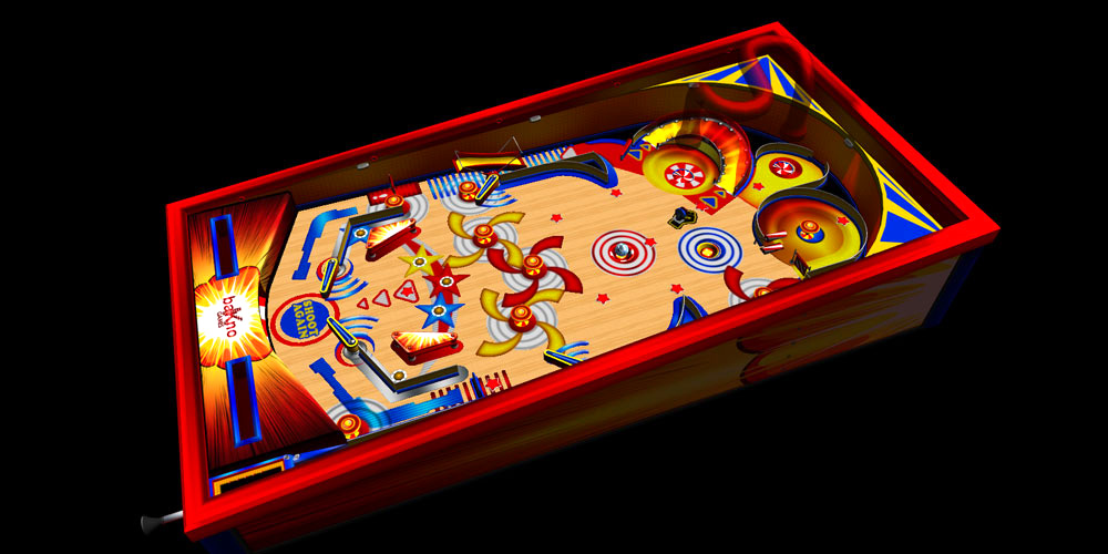 Red pinball table design featuring ball tramps and speed ramps