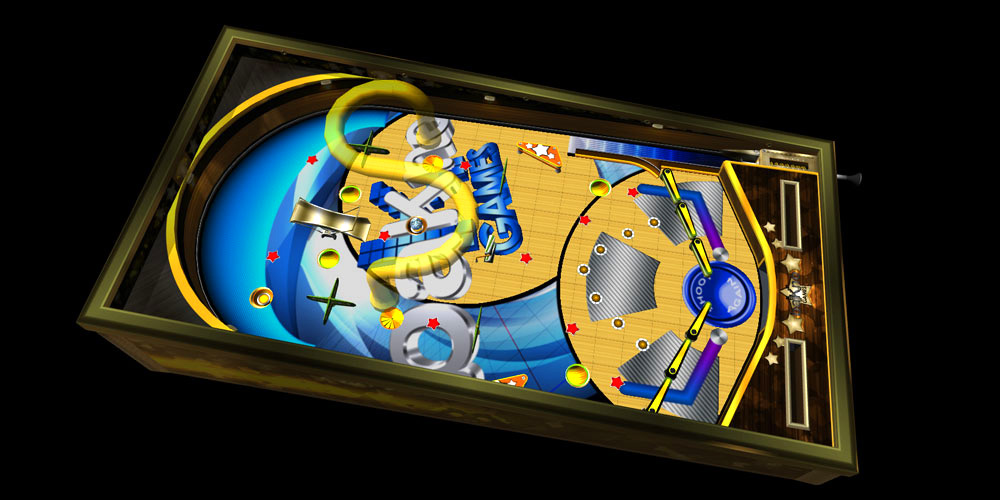 Green pinball table design featuring over the table pipes